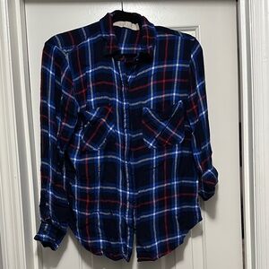 Plaid Button-Up Blouse - Blue and Red